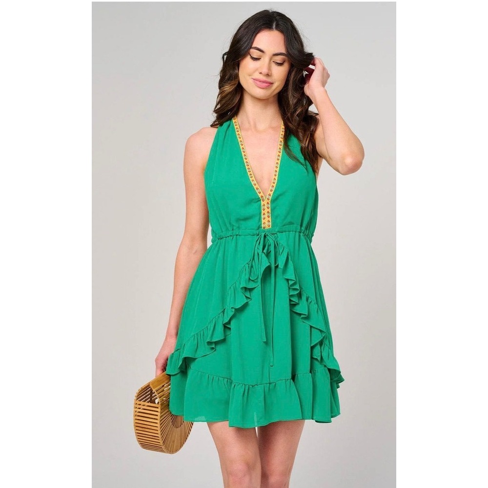 NEW Strut & Bolt Dress Women L Green Embroidered V-Neck Ruffle Mini Boho Party